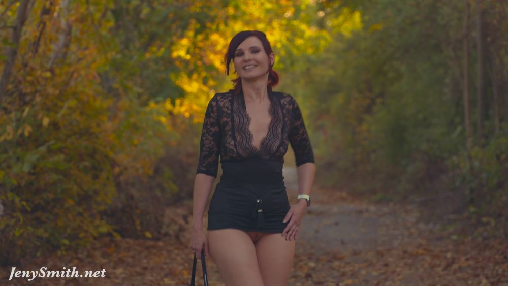 Jeny on her outdoor adventure - in autumn, wearing an ultra-short mini skirt and see-through top